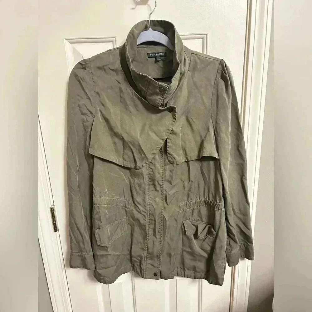 For Cynthia Women's Green Olive Front Zipper Jacket Large